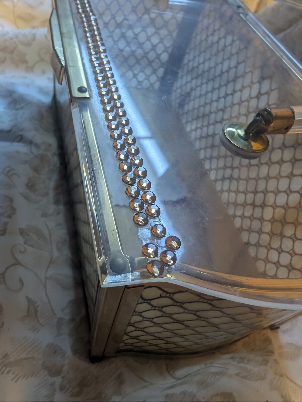 Vintage Women's Lucite Handbag with Gold Rhinestones and Brass Frame